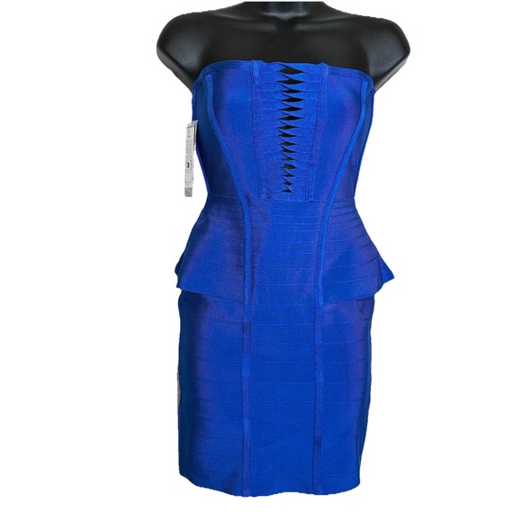 Marciano By Guess Elena Strapless Bandage Dress Blue Peplum Bodycon‎ Sz 6  EU 42 - Picture 2 of 14